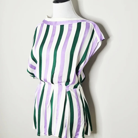 Lewit Striped Purple Green Draped Puplum Top M - Picture 4 of 7